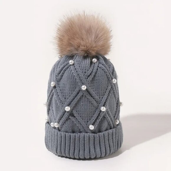 2/$30 Grey Stylish Knit Beanie with Faux Fur Pom-Pom & Pearl Embellishments - Picture 4 of 5